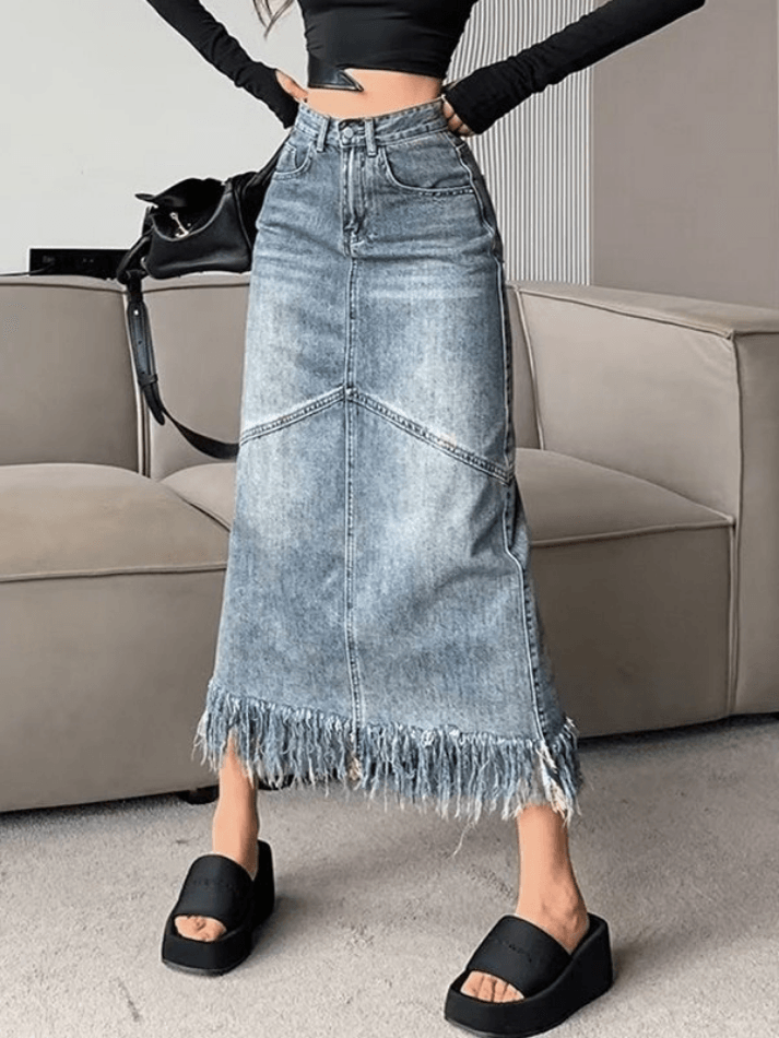 Fringed Vintage Denim Skirt