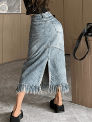 Fringed Vintage Denim Skirt