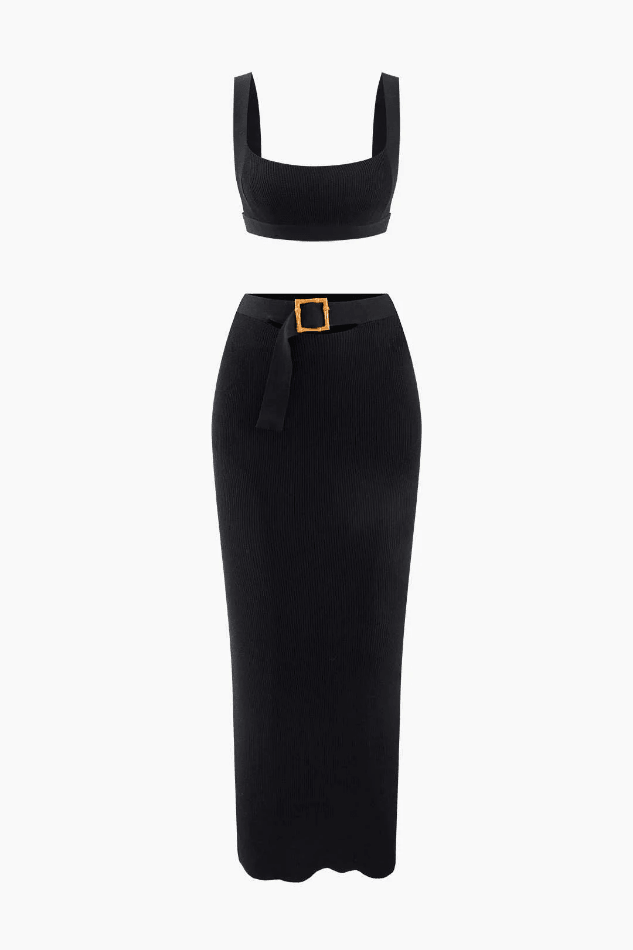 Knit Square Neck Crop Tank Top And Buckle Midi Skirt Set