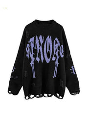 Letter Jacquard Ripped Holes Pullover Sweater