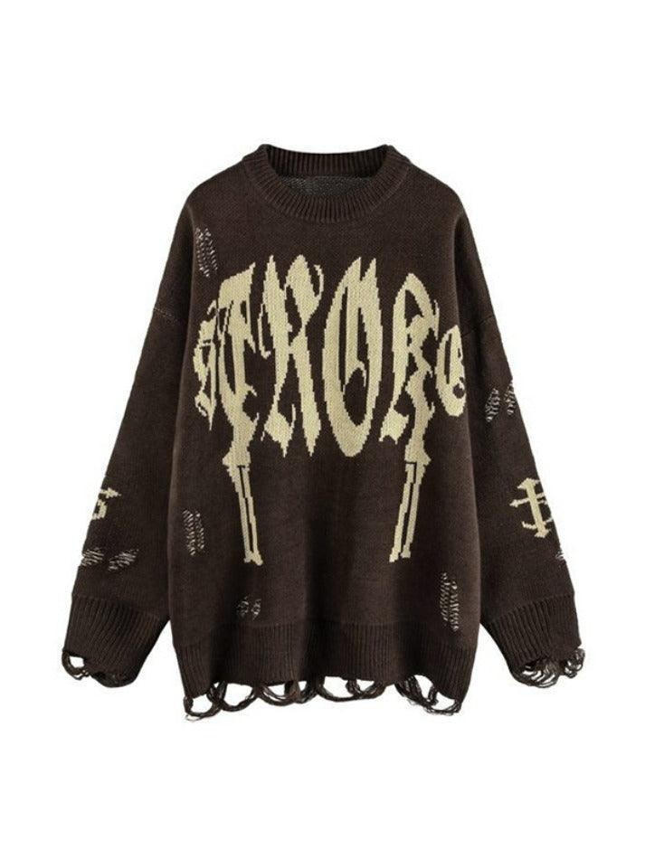 Letter Jacquard Ripped Holes Pullover Sweater