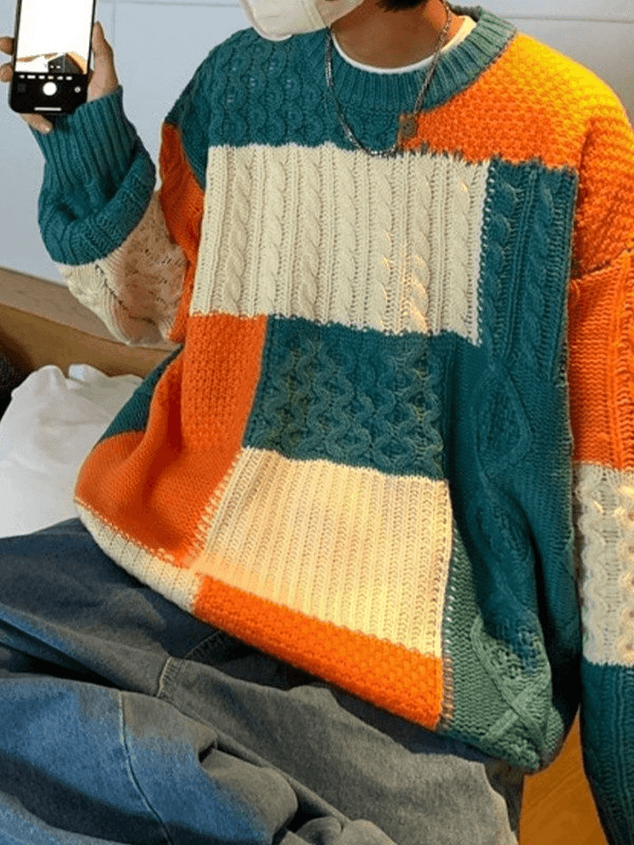 Men's Color Block Cable Knit Sweater