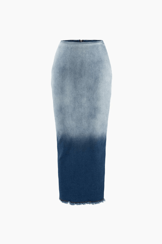 Ombre Frayed Slit Denim Maxi Skirt