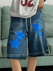 Star Print Loose Cropped Denim Shorts