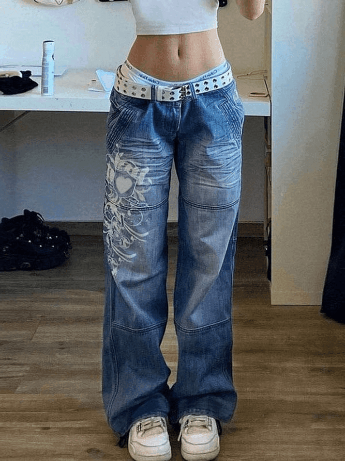 Washed Heart Pattern Cargo Jeans