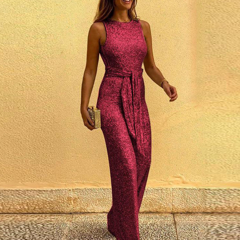 Sleeveless sequined silver dot jumpsuit