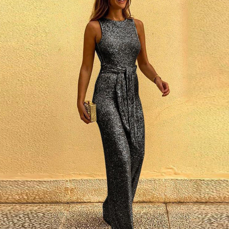 Sleeveless sequined silver dot jumpsuit
